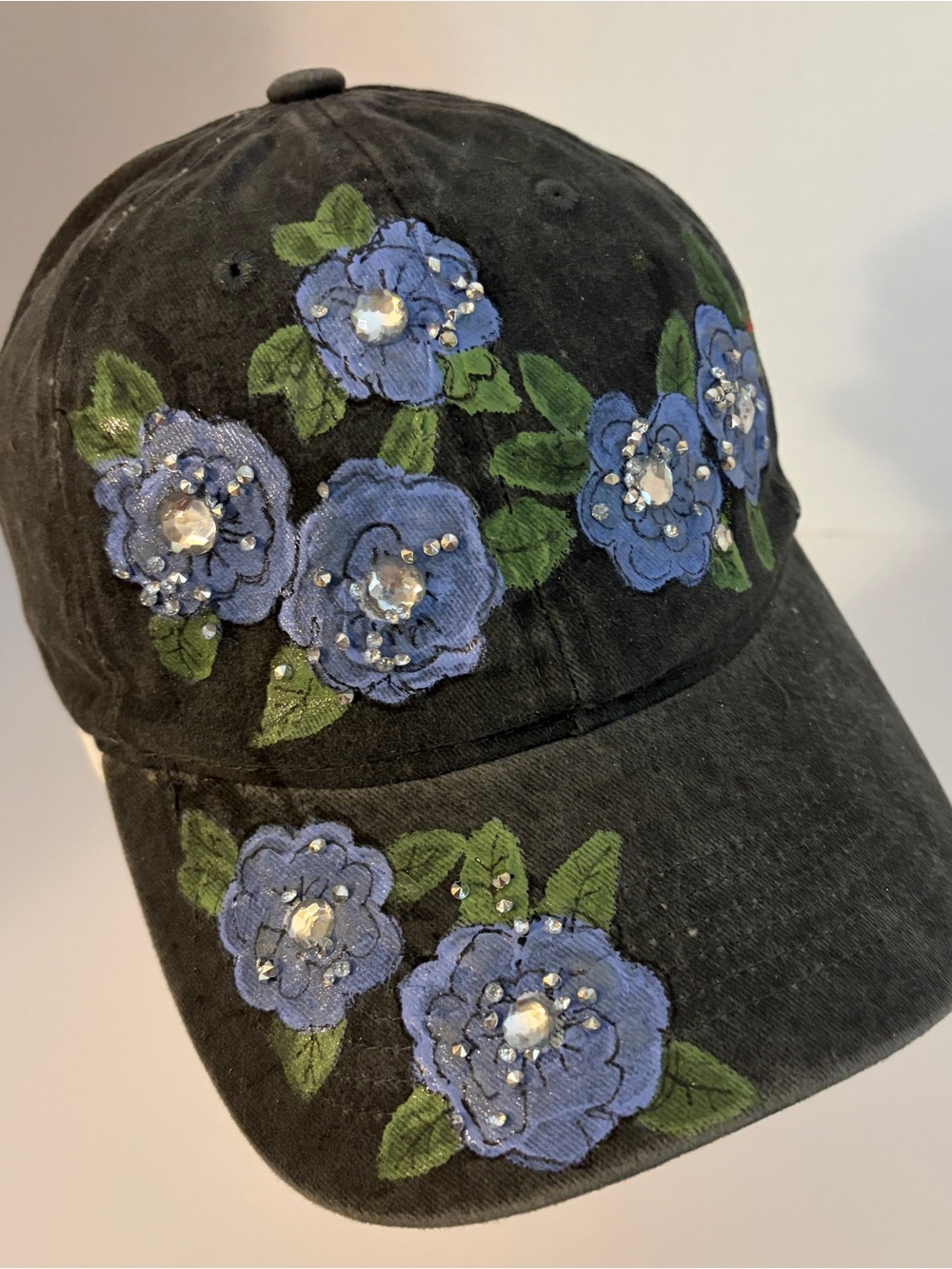 Black Floral Hand Painted Baseball Cap with Blue Painted Flowers